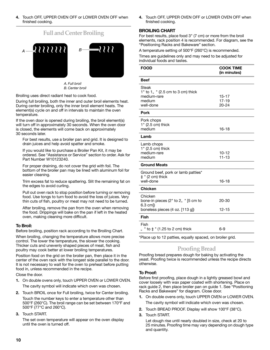 KitchenAid KEBK206, KEBK276 manual FullandCenterBroiling, Proofing Bread, To Broil, Broiling Chart, To Proof 