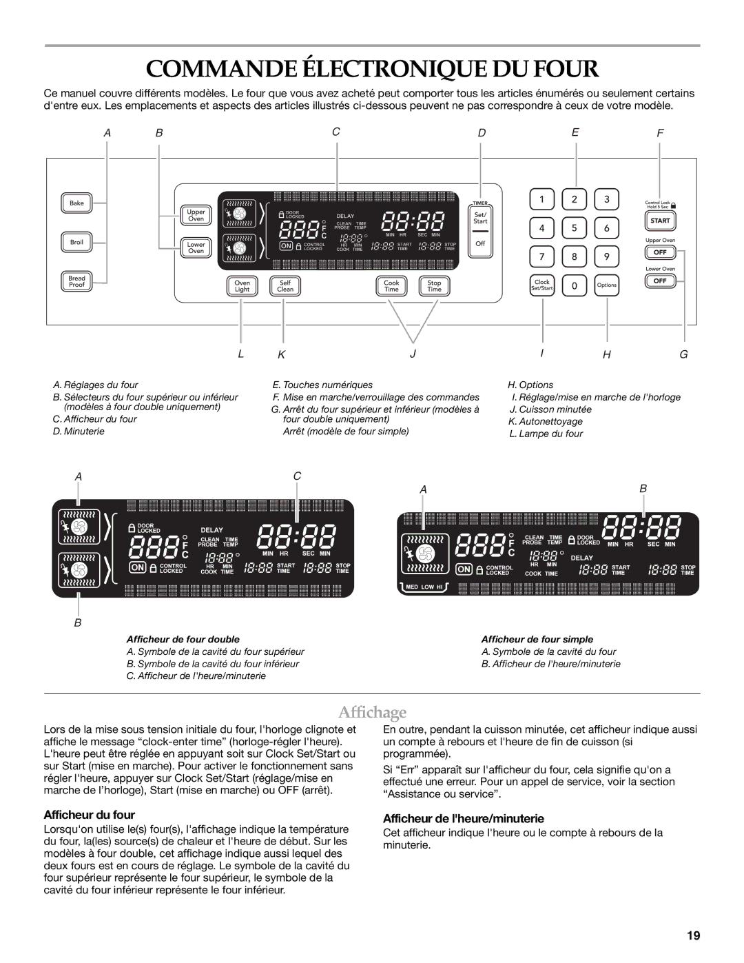 KitchenAid KEBK276, KEBK206 Commande Électronique DU Four, Affichage, Afficheur du four, Afficheur de lheure/minuterie 