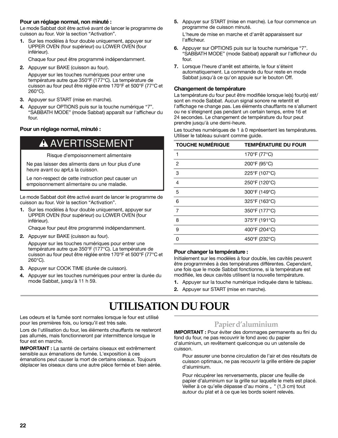 KitchenAid KEBK206, KEBK276 manual Utilisation DU Four, Papierd’aluminium 