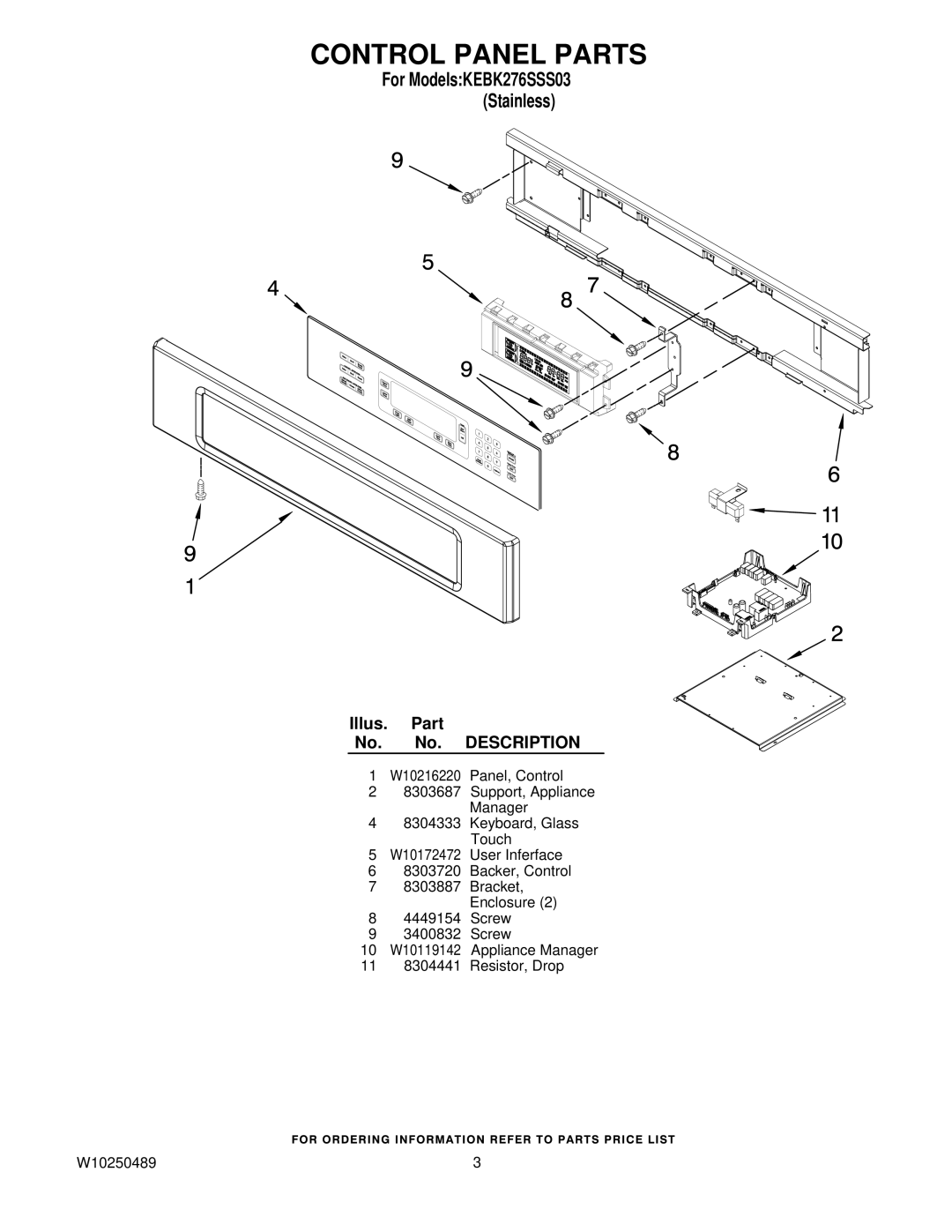 KitchenAid KEBK276SSS03 manual Control Panel Parts 