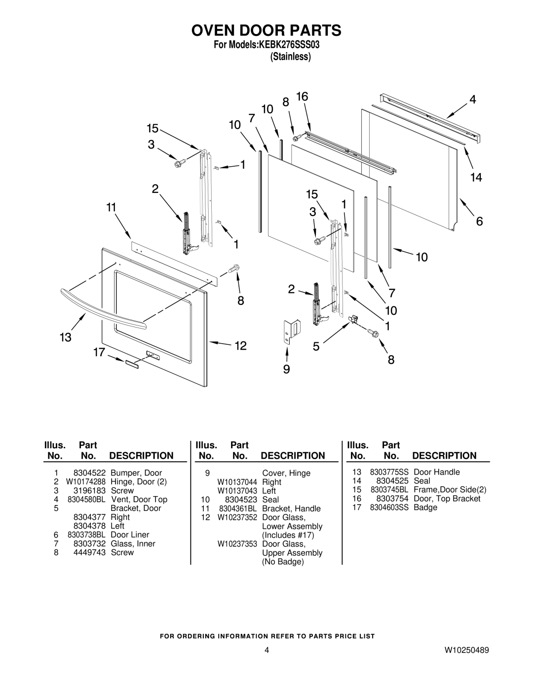 KitchenAid KEBK276SSS03 manual Oven Door Parts 