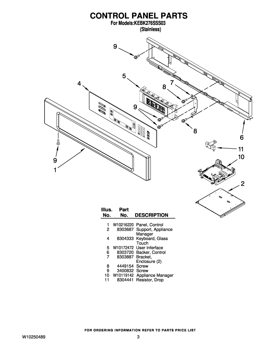 KitchenAid KEBK276SSS03 manual Control Panel Parts, Illus. Part No. No. DESCRIPTION, 11 8304441 Resistor, Drop, W10250489 