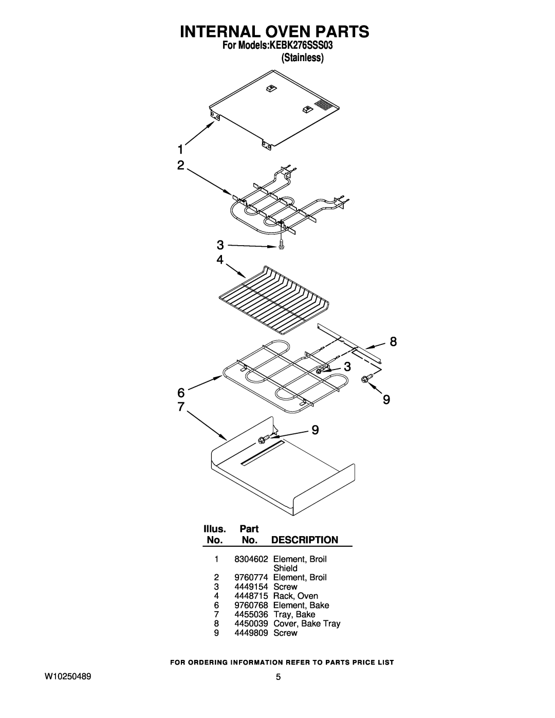 KitchenAid manual Internal Oven Parts, Illus. Part No. No. DESCRIPTION, For ModelsKEBK276SSS03 Stainless 