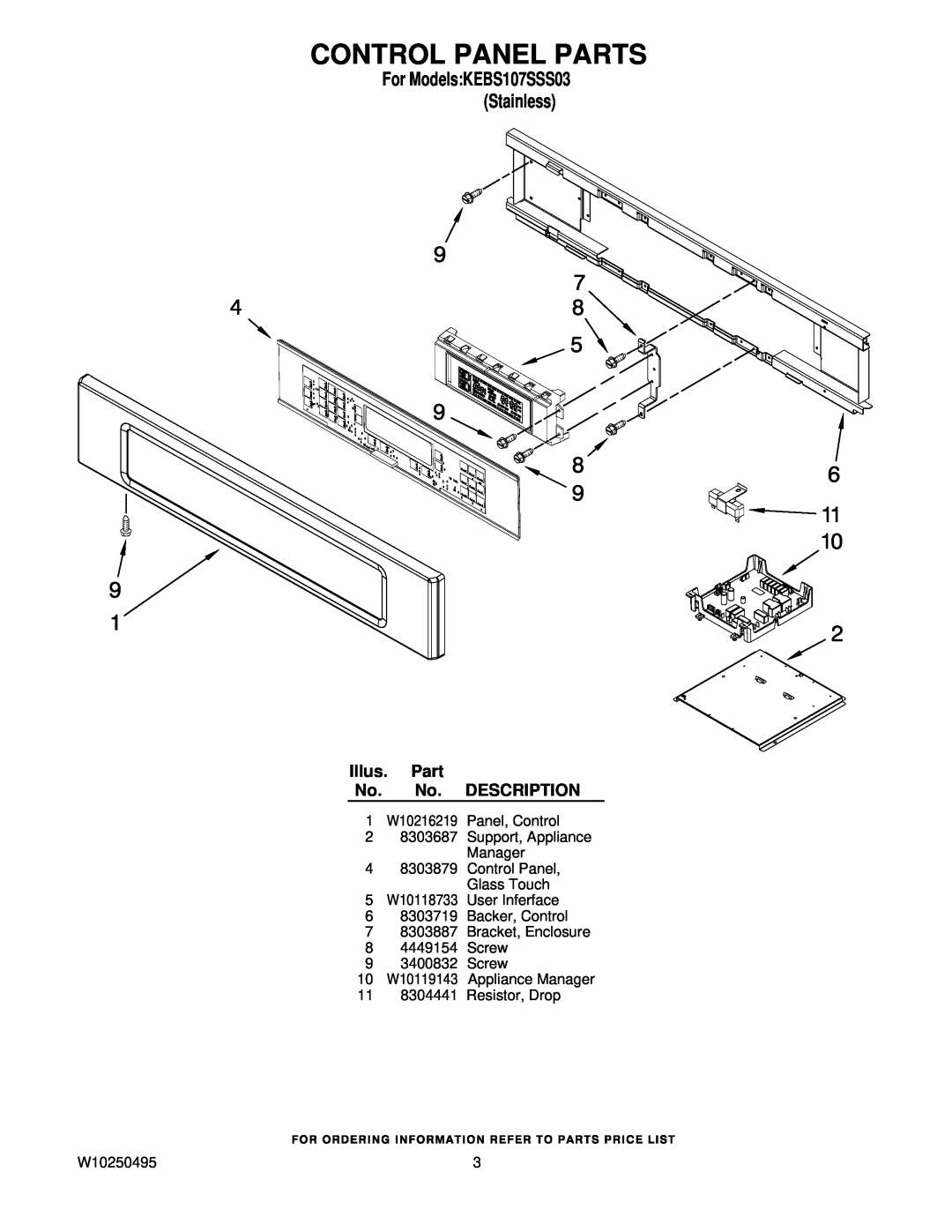 KitchenAid KEBS107SSS03 manual Control Panel Parts, Illus. Part No. No. DESCRIPTION, 11 8304441 Resistor, Drop, W10250495 