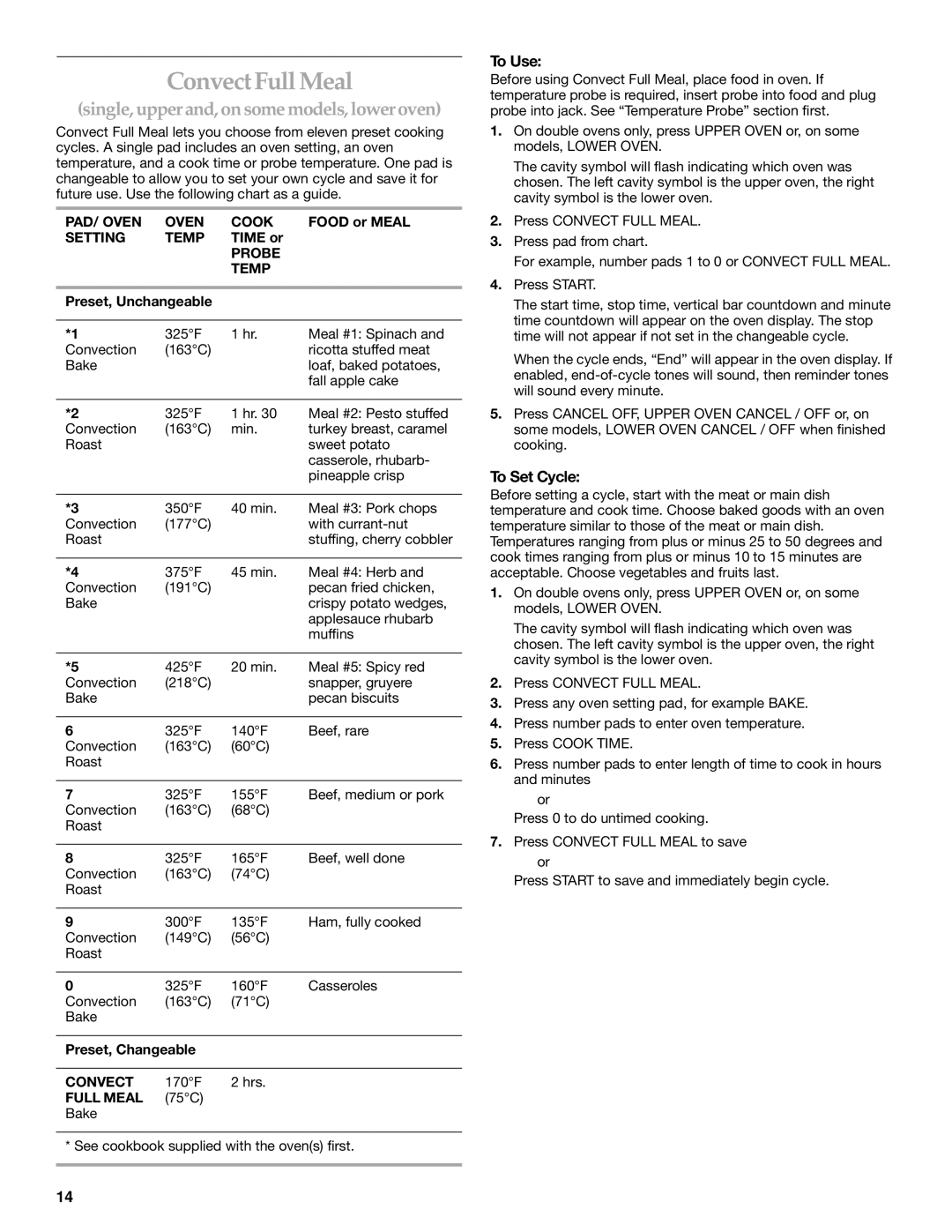 KitchenAid KEBS107, KEBS177, KEBS147 manual Convect Full Meal, To Use, To Set Cycle 