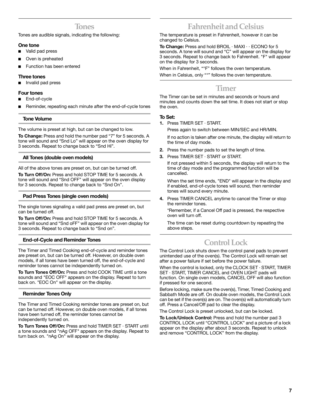 KitchenAid KEBS147, KEBS177, KEBS107 manual Tones, Fahrenheit and Celsius, Timer, Control Lock 