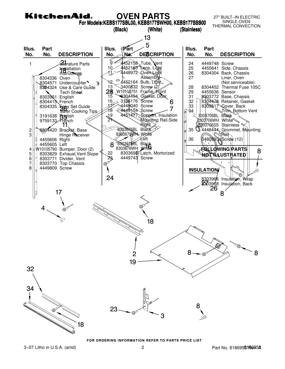 KitchenAid KEBS177SWH00, KEBS177SBL00 manual Description, Following Parts Not Illustrated Insulation 