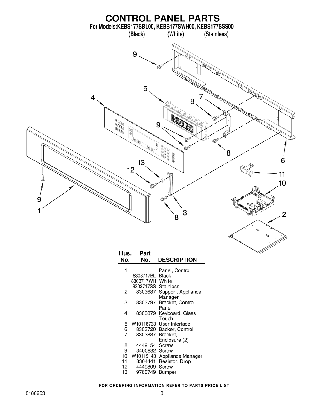 KitchenAid KEBS177SBL00, KEBS177SWH00 manual Control Panel Parts 