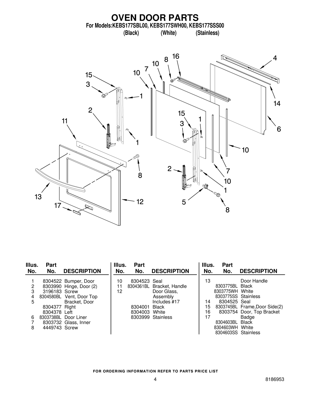 KitchenAid KEBS177SWH00, KEBS177SBL00 manual Oven Door Parts 