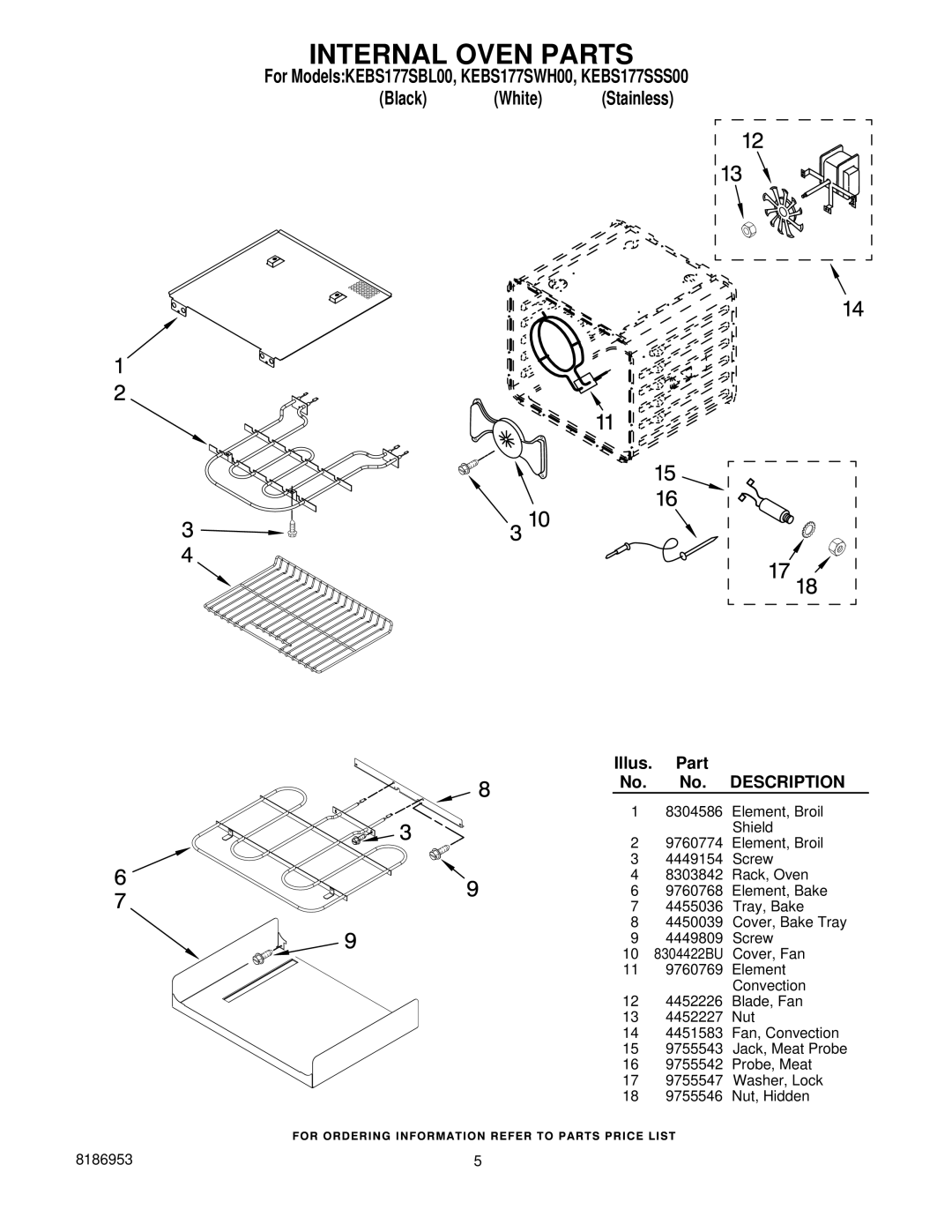 KitchenAid KEBS177SBL00, KEBS177SWH00 manual Internal Oven Parts, Description 