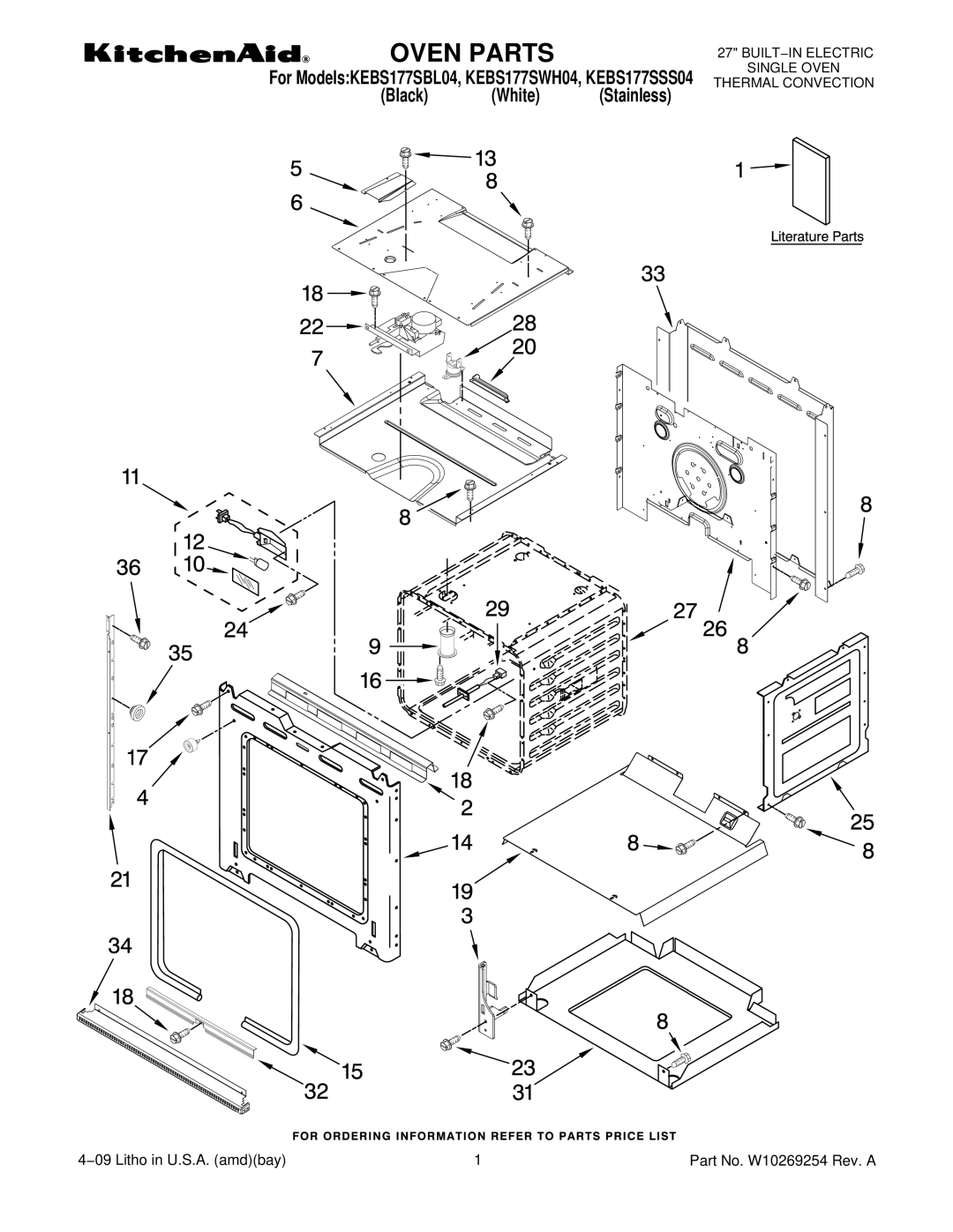 KitchenAid KEBS177SBL04, KEBS177SWH04, KEBS177SSS04 manual Oven Parts 