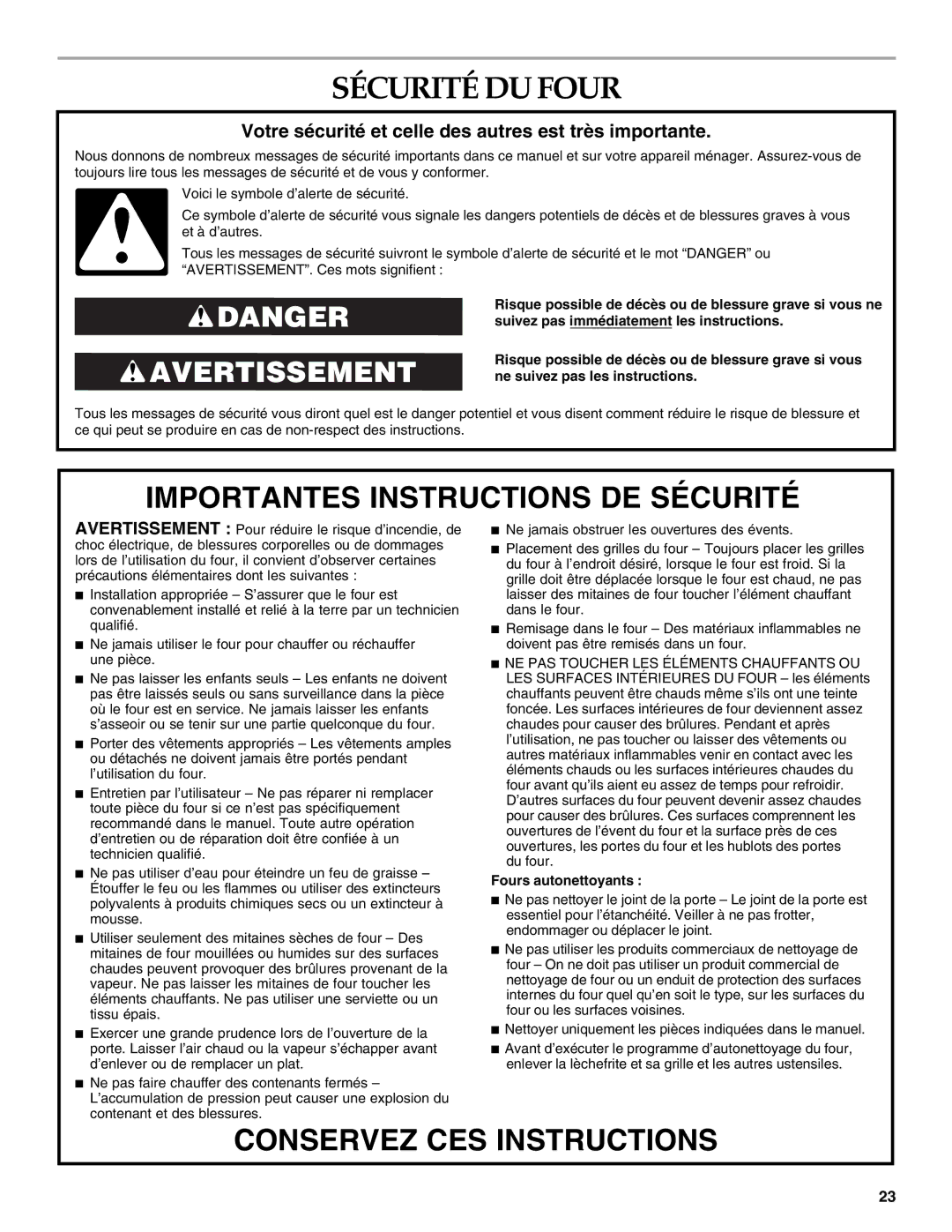 KitchenAid KEBK101, KEBS207, KEBS209, KEBS179BSS Sécurité DU Four, Votre sécurité et celle des autres est très importante 