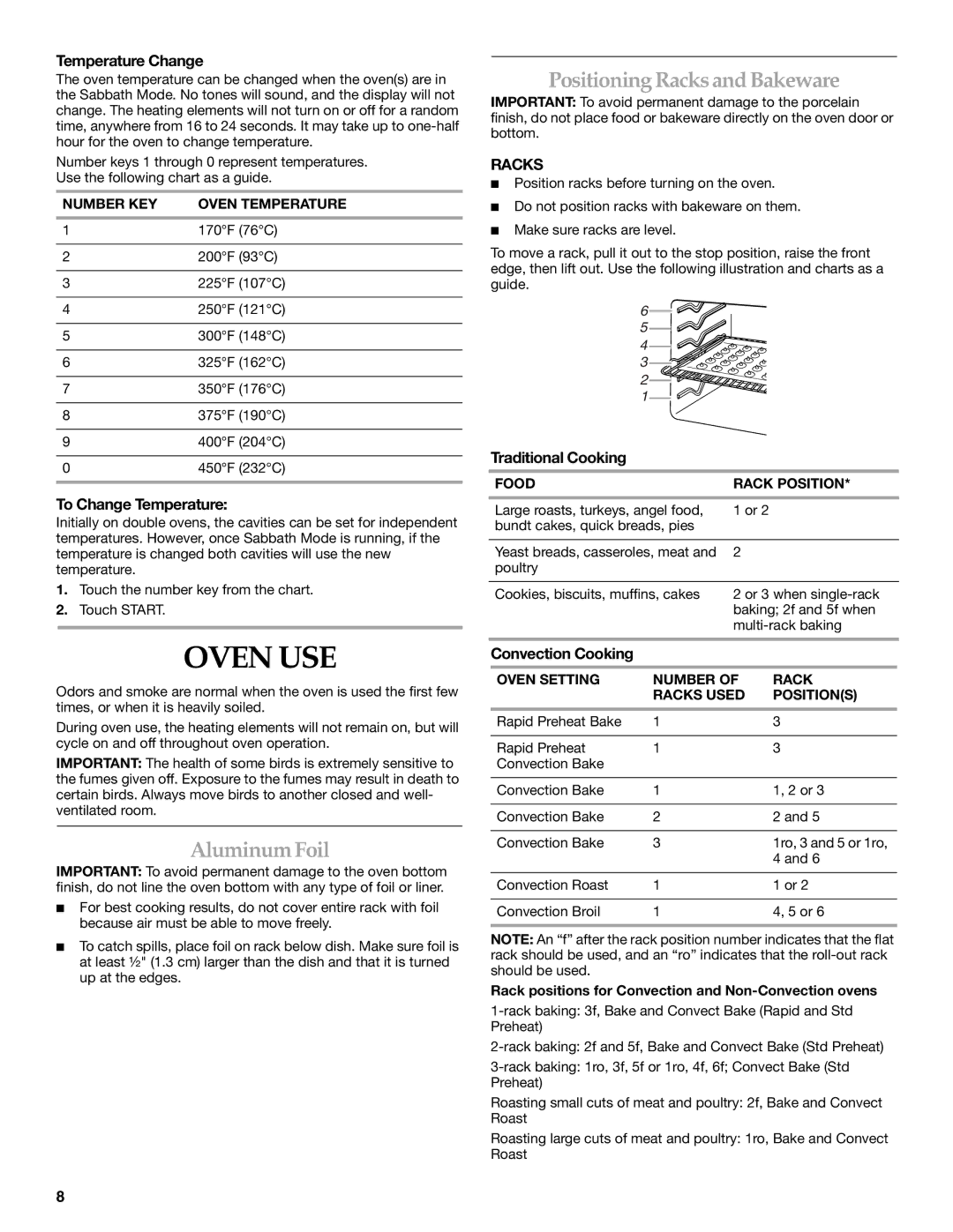 KitchenAid KEBS179BSS, KEBS207, KEBS209, KEBS109, KEBK206, KEBK101 manual Oven USE, AluminumFoil, Positioning Racks and Bakeware 