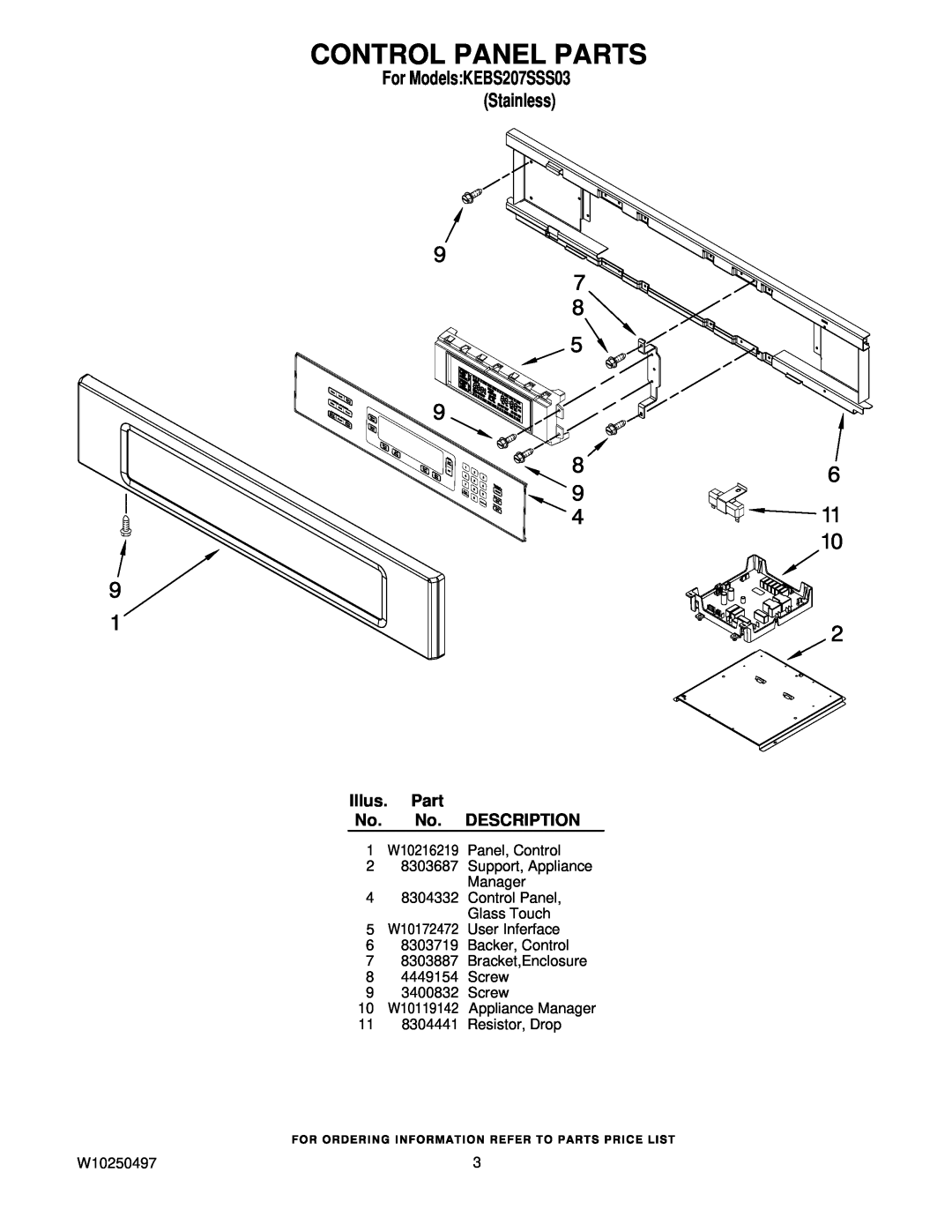 KitchenAid KEBS207SSS03 manual Control Panel Parts, Illus. Part No. No. DESCRIPTION, 11 8304441 Resistor, Drop, W10250497 
