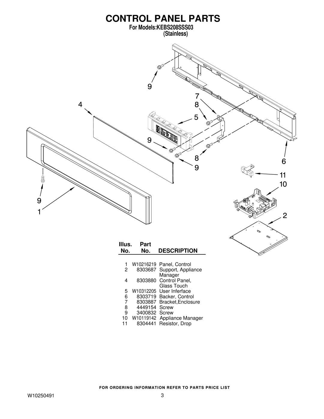 KitchenAid KEBS208SSS03 manual Control Panel Parts 