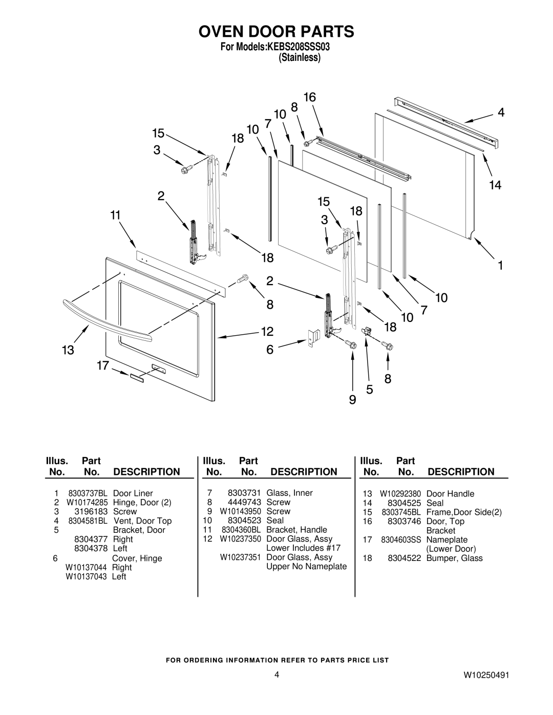 KitchenAid KEBS208SSS03 manual Oven Door Parts 