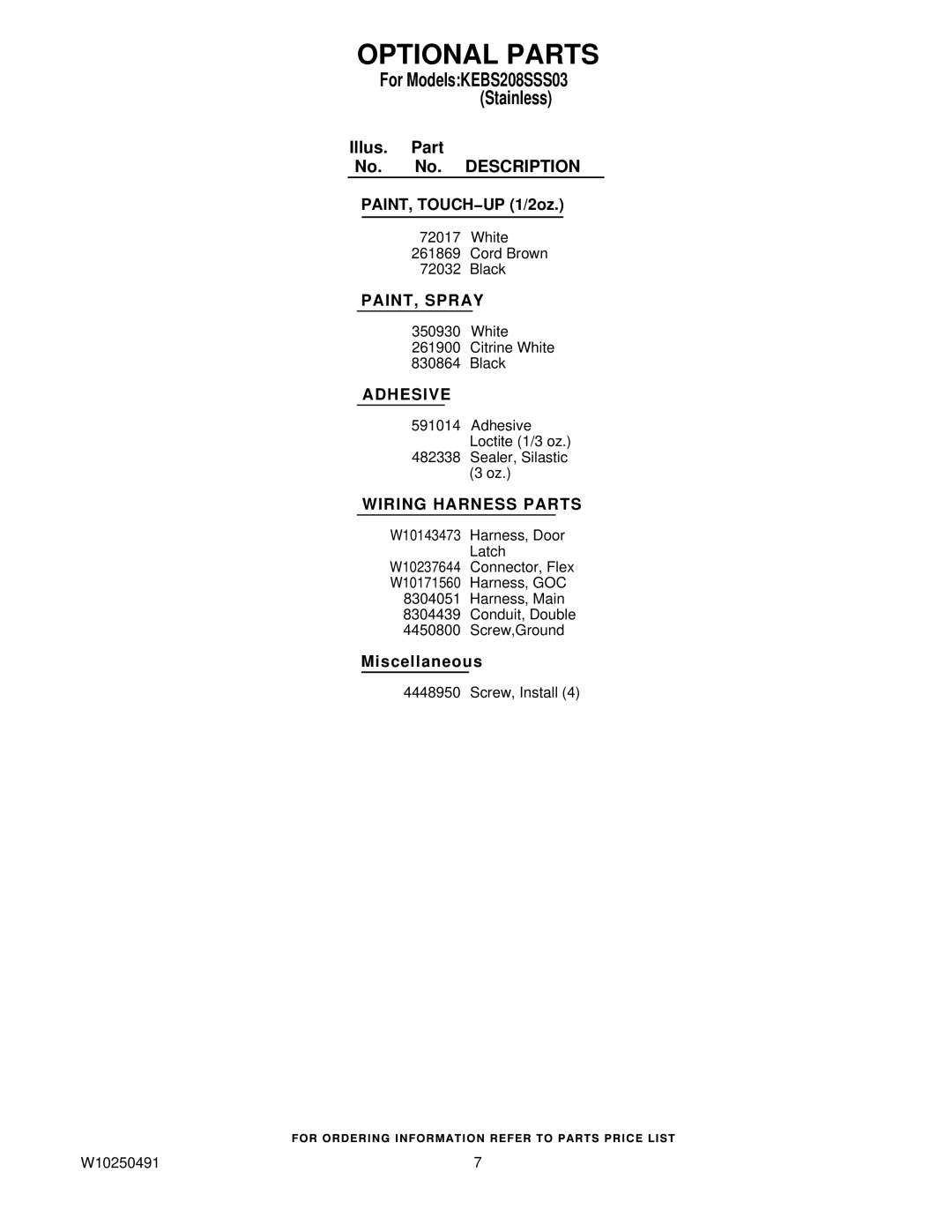 KitchenAid KEBS208SSS03 manual Optional Parts, PAINT, Spray, Adhesive, Wiring Harness Parts 