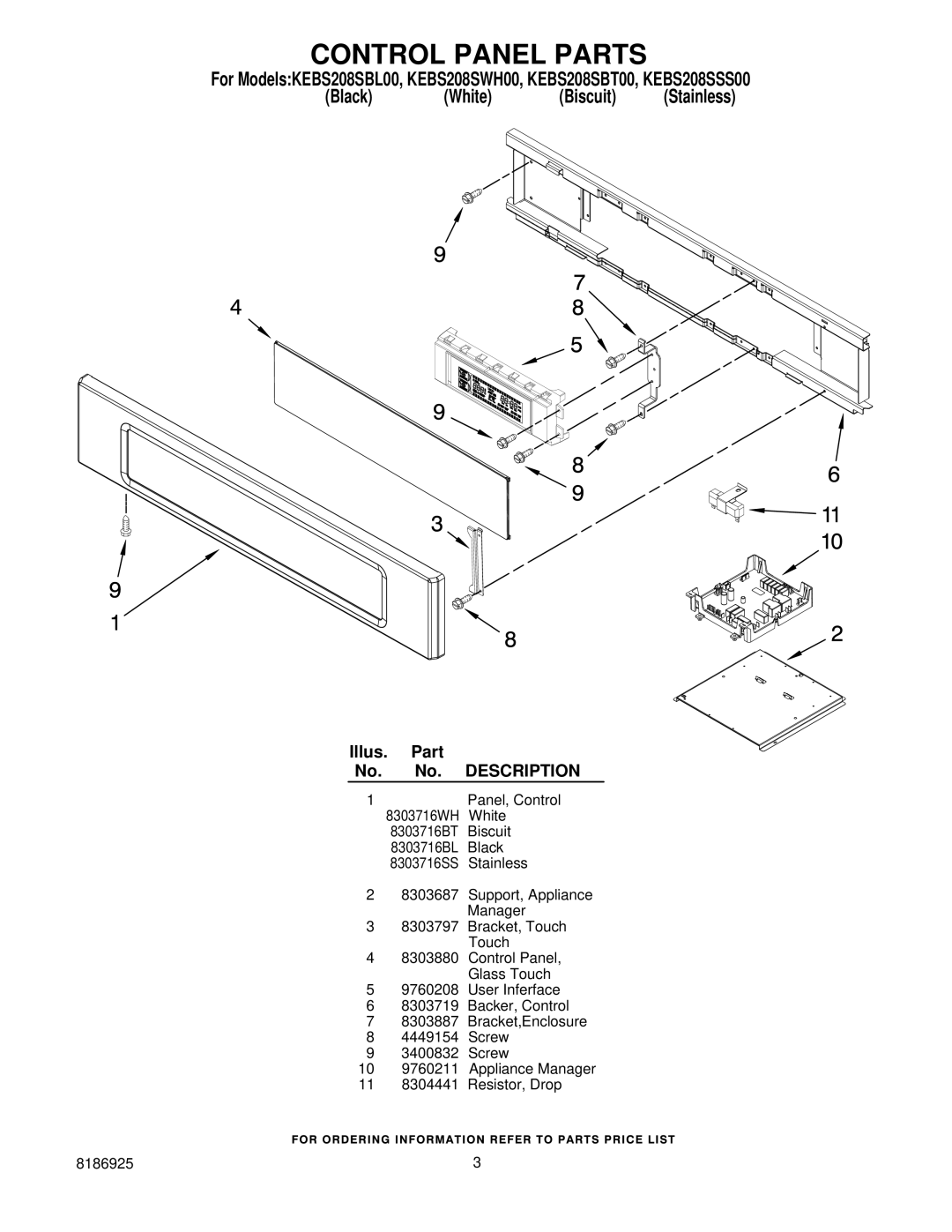 KitchenAid KEBS208SBL00, KEBS208SWH00, KEBS208SSS00, KEBS208SBT00 manual Control Panel Parts 