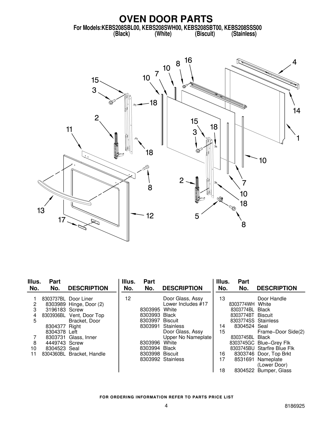 KitchenAid KEBS208SWH00, KEBS208SSS00, KEBS208SBT00, KEBS208SBL00 manual Oven Door Parts, Description 