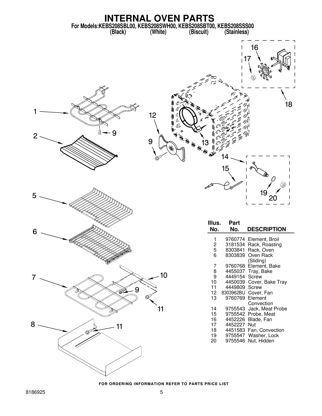KitchenAid KEBS208SSS00, KEBS208SWH00, KEBS208SBT00, KEBS208SBL00 manual Internal Oven Parts 