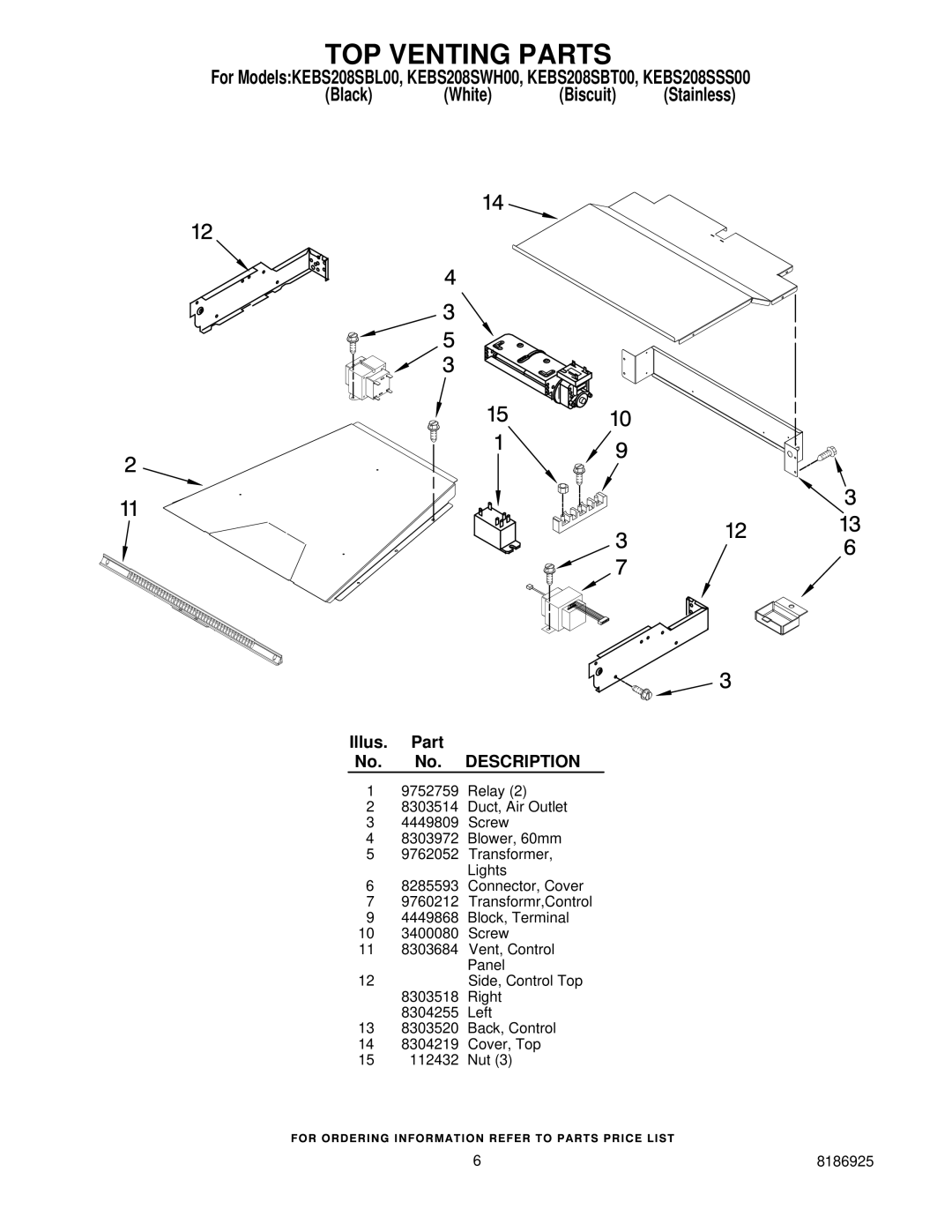 KitchenAid KEBS208SBT00, KEBS208SWH00, KEBS208SSS00, KEBS208SBL00 manual TOP Venting Parts 