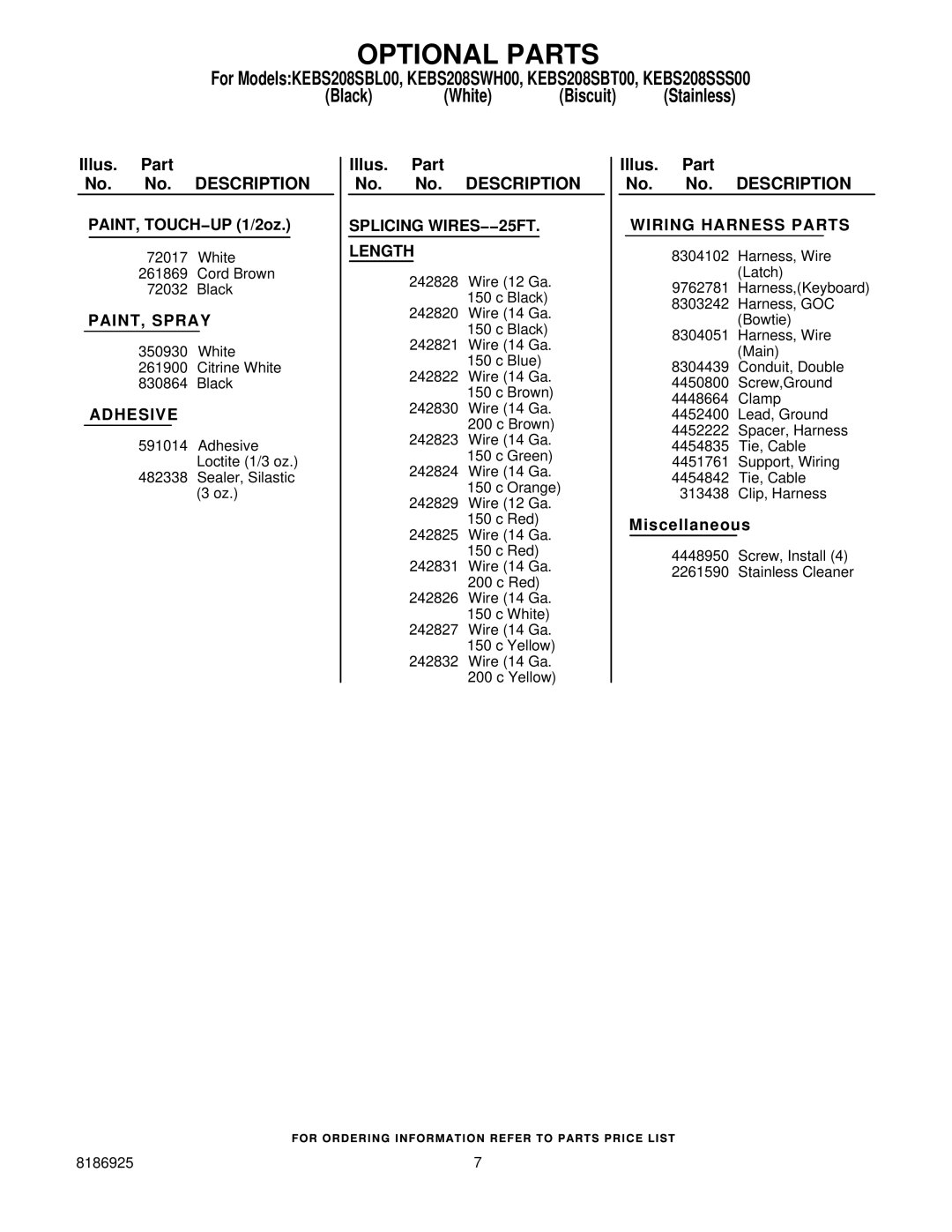 KitchenAid KEBS208SBL00 manual Optional Parts, PAINT, Spray, Adhesive, Splicing WIRES−−25FT Length, Wiring Harness Parts 