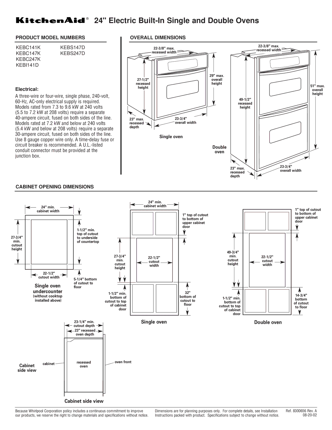 KitchenAid KEBC247K, KEBS247D, KEBI141D, KEBC147K dimensions Single oven Undercounter, Double oven Cabinet side view 