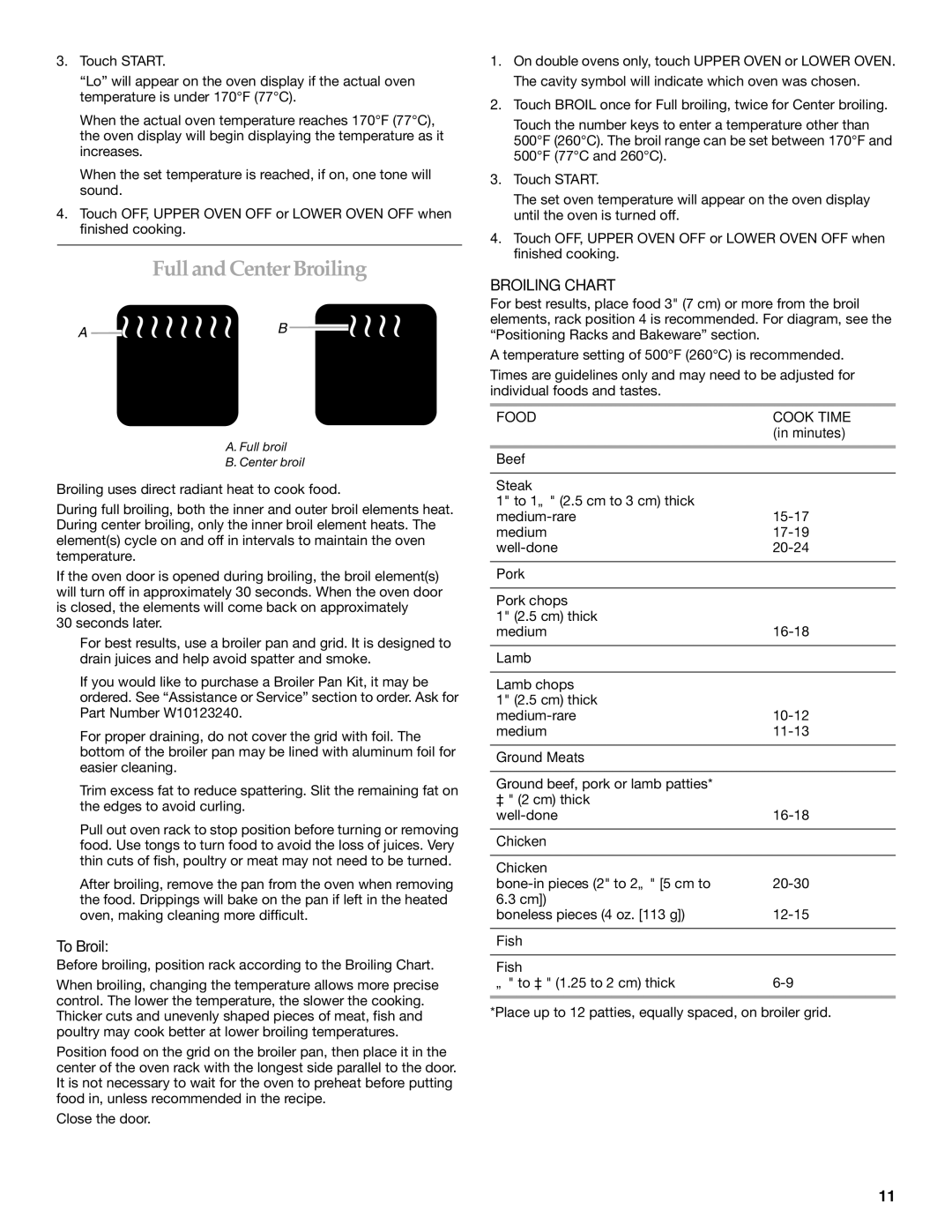 KitchenAid KEBS107, KEBS277, KEBS207, KEBS177, KEBS278 Full and Center Broiling, To Broil, Broiling Chart, Food Cook Time 