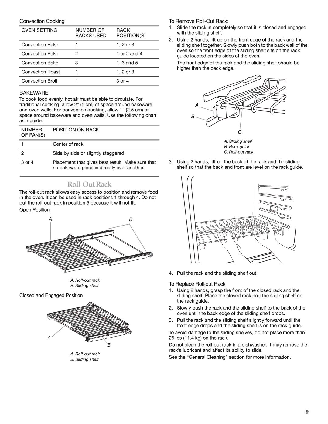 KitchenAid KEBS278, KEBS277, KEBS207 Convection Cooking, Bakeware, To Remove Roll-Out Rack, To Replace Roll-out Rack 