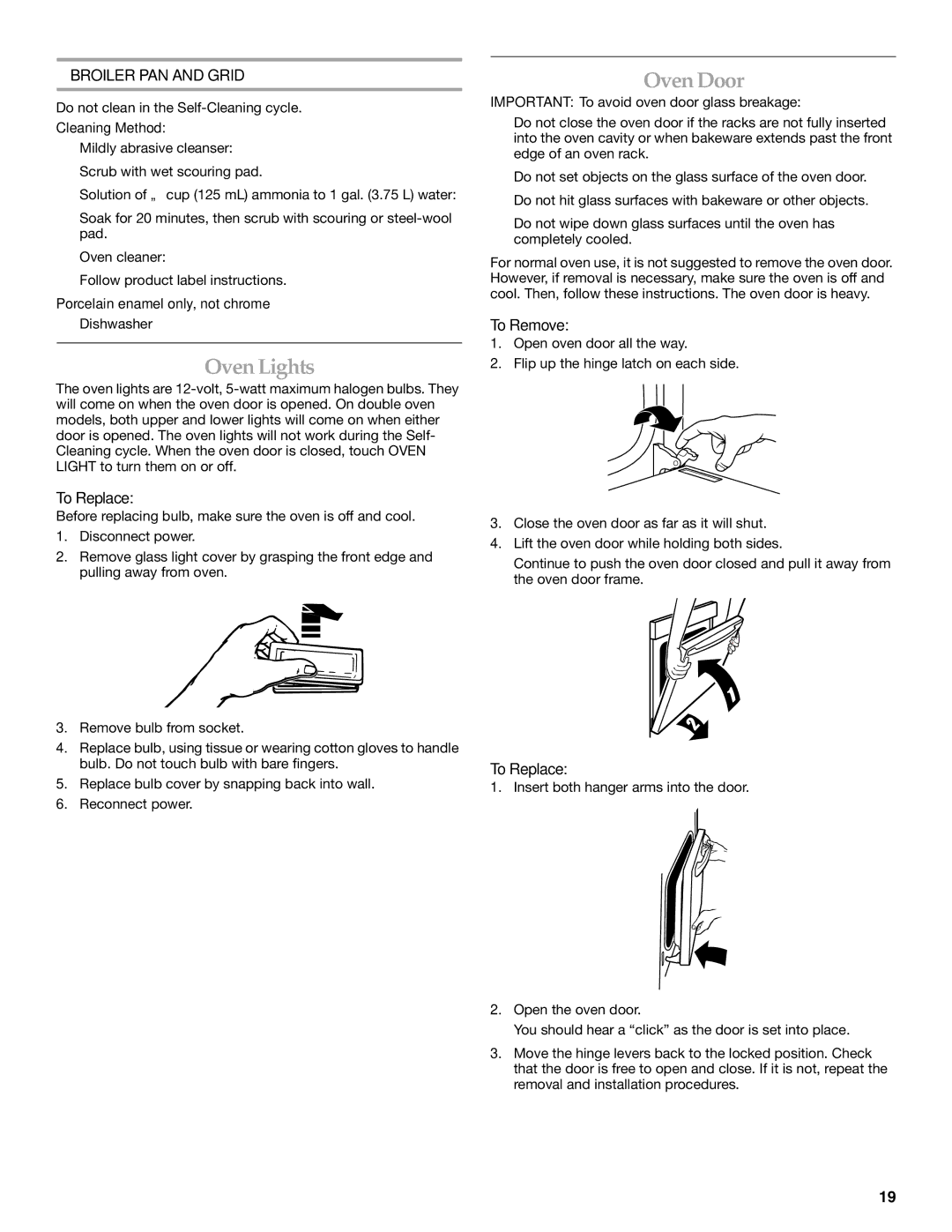 KitchenAid KEBS278, KEBS277 manual Oven Lights, Oven Door, Broiler PAN and Grid, To Replace, To Remove 