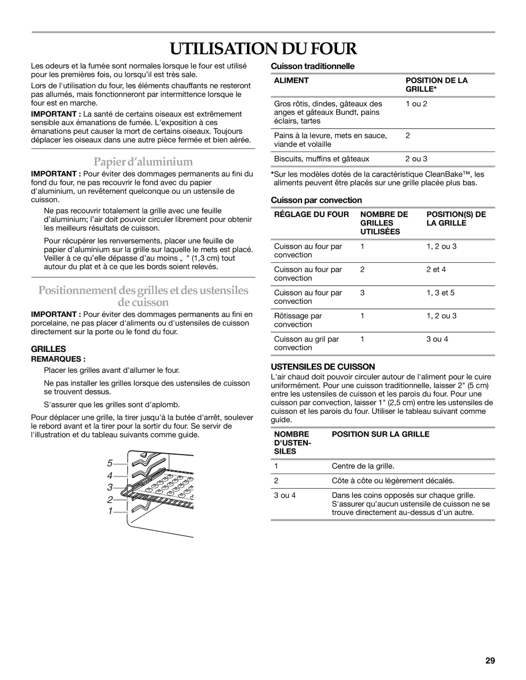 KitchenAid KEBS278 Utilisation DU Four, Papierd’aluminium, Positionnement desgrilles et desustensiles Decuisson, Grilles 