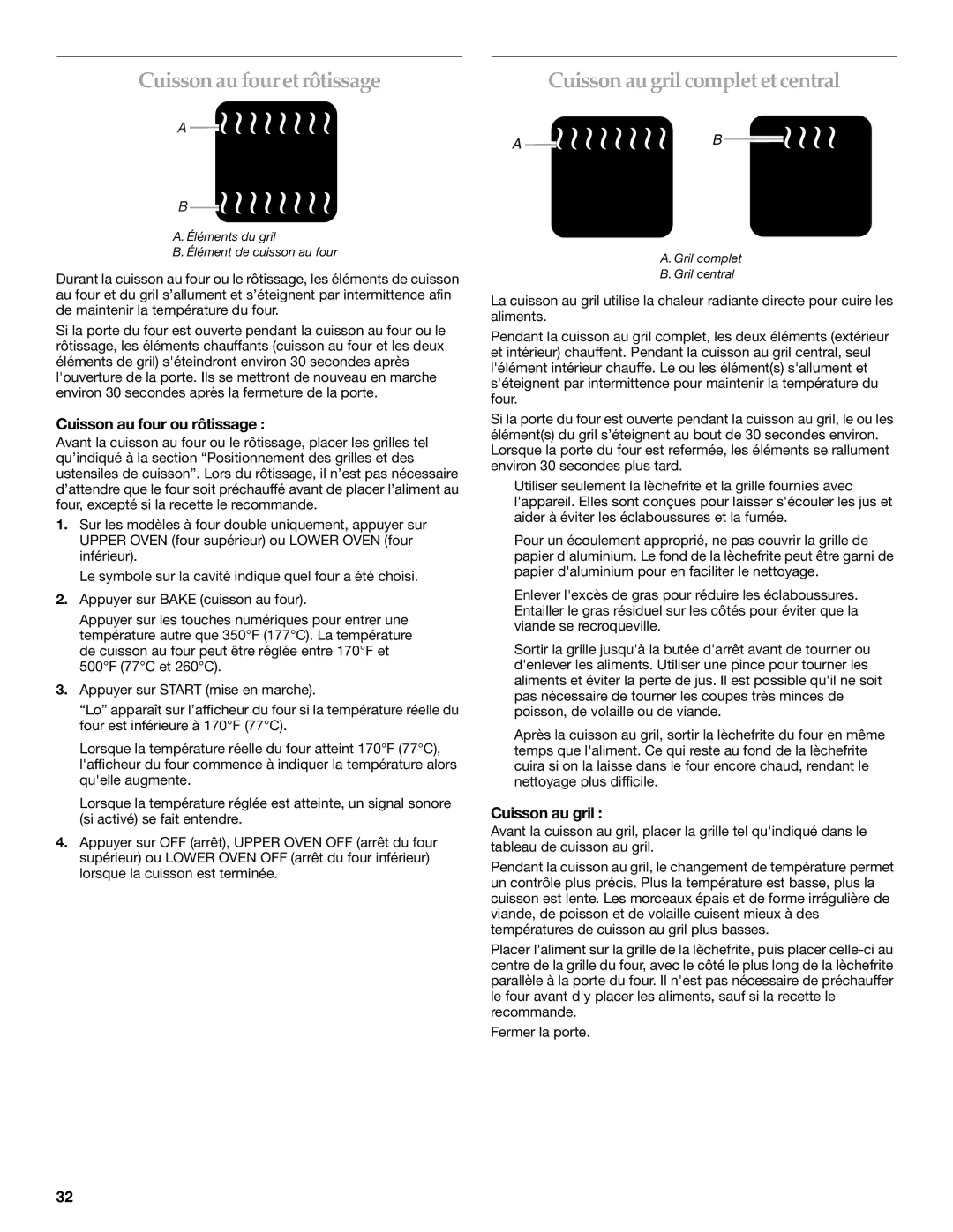 KitchenAid KEBS277, KEBS278 Cuisson au fouretrôtissage, Cuisson au grilcomplet et central, Cuisson au four ou rôtissage 