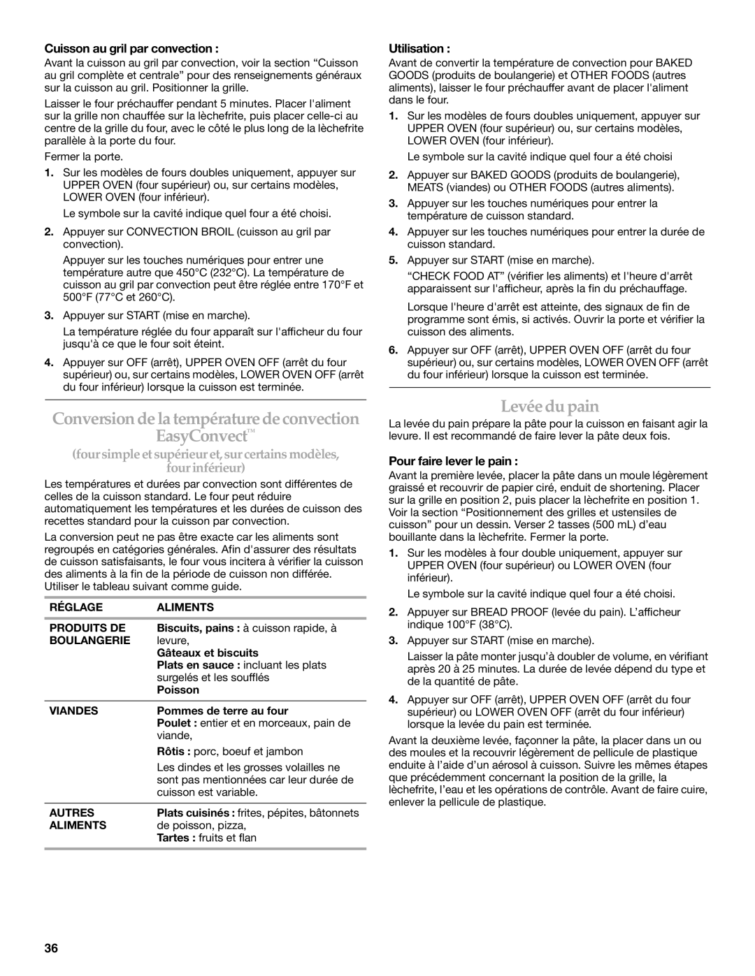 KitchenAid KEBS277 manual Conversion dela températuredeconvection EasyConvect, Levéedupain, Cuisson au gril par convection 