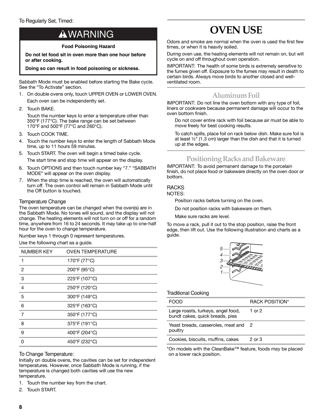 KitchenAid KEBS277, KEBS278 manual Oven USE, AluminumFoil, Positioning Racks and Bakeware 