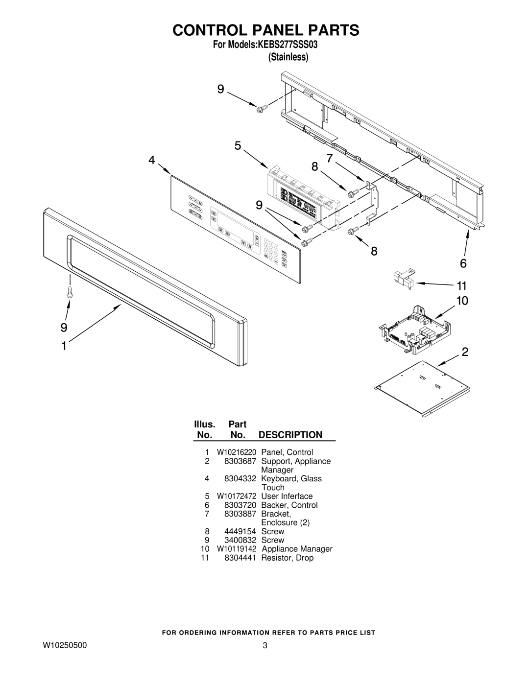 KitchenAid KEBS277SSS03 manual Control Panel Parts 