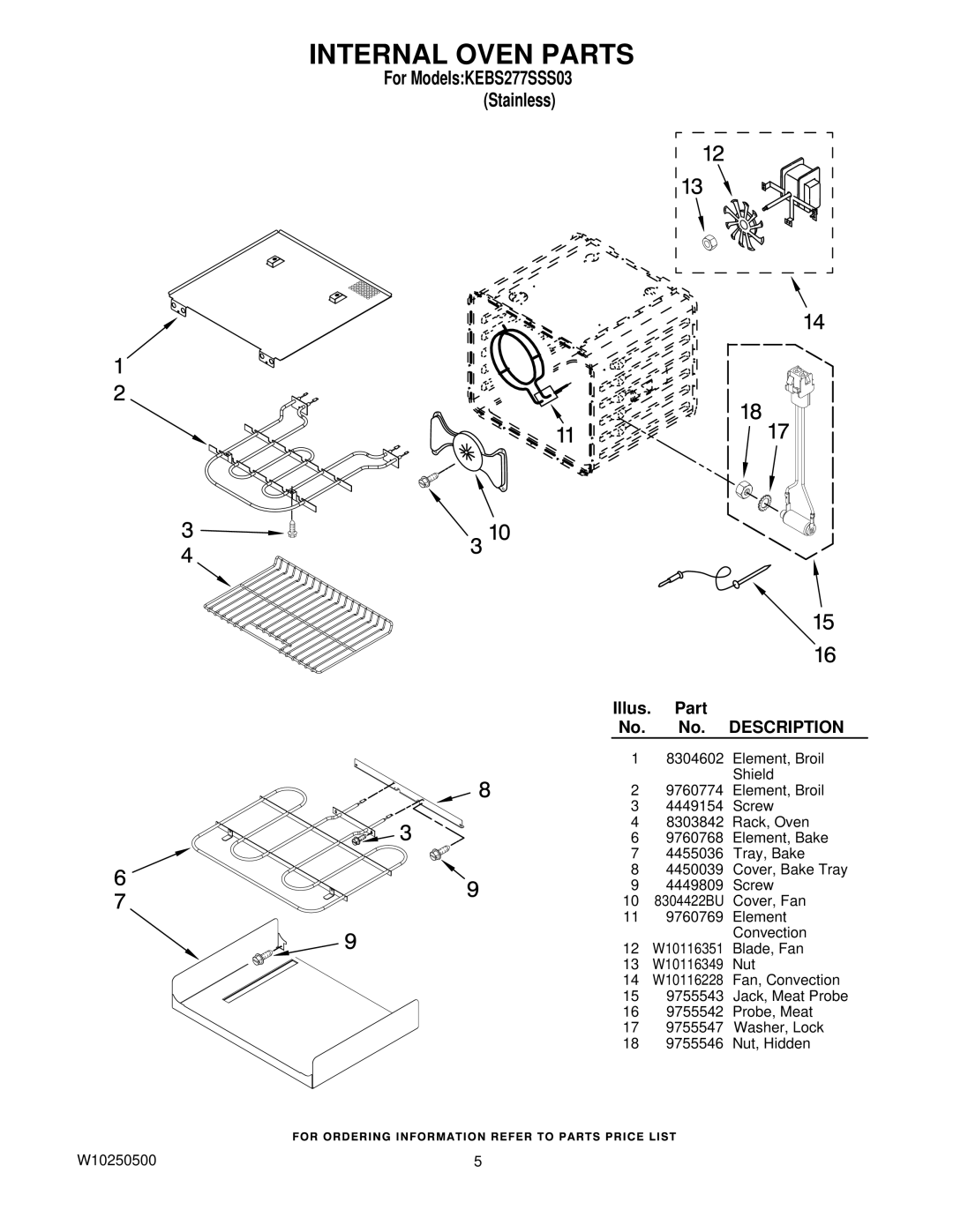 KitchenAid KEBS277SSS03 manual Internal Oven Parts, Description 