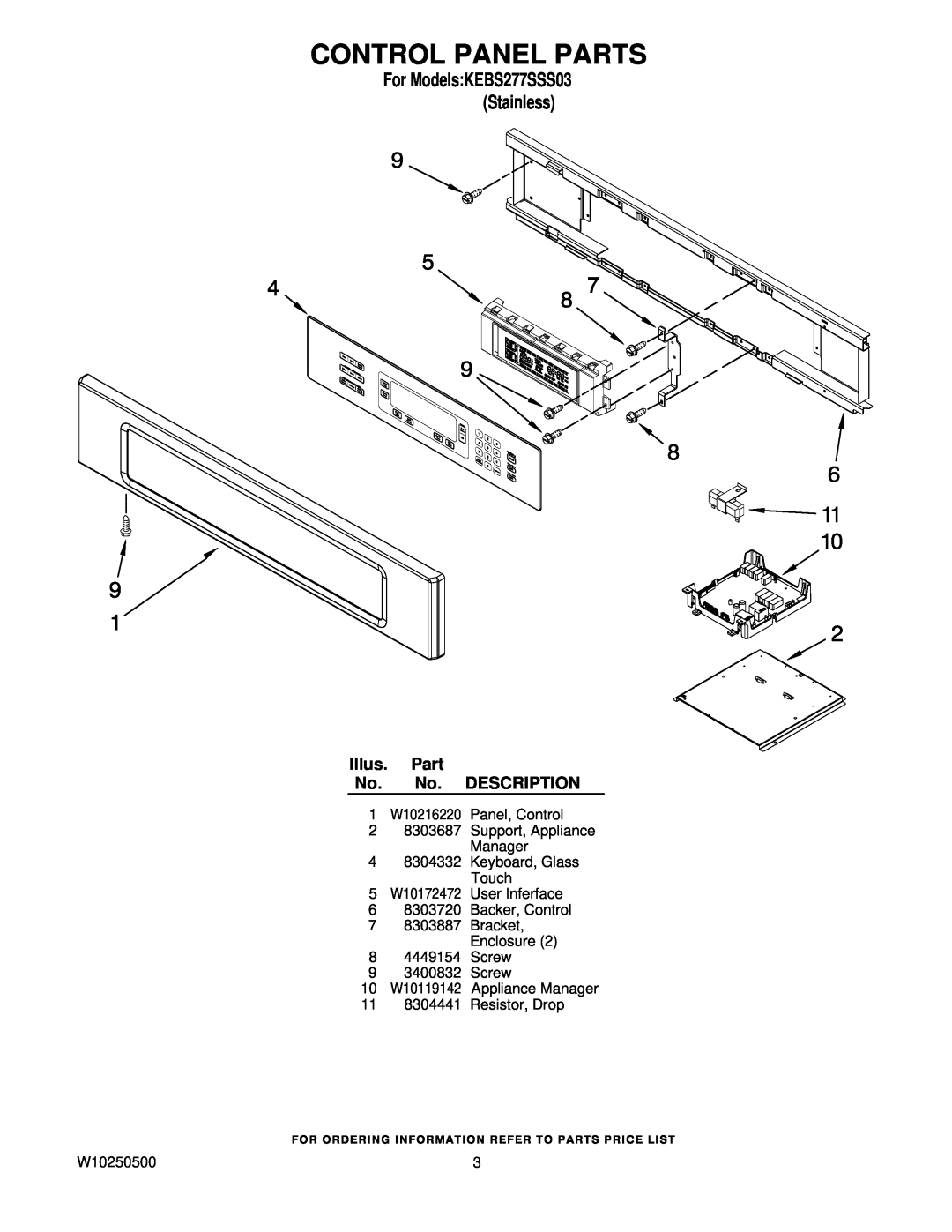 KitchenAid KEBS277SSS03 manual Control Panel Parts, Illus. Part No. No. DESCRIPTION, 11 8304441 Resistor, Drop, W10250500 