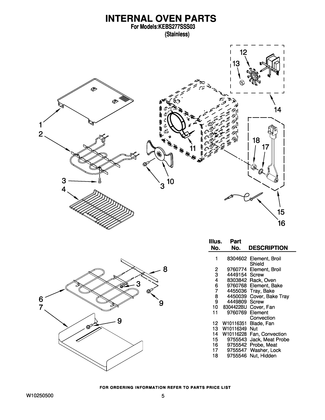 KitchenAid KEBS277SSS03 manual Internal Oven Parts, Illus, Description, 8304422BU, W10116351, W10116349, W10116228 