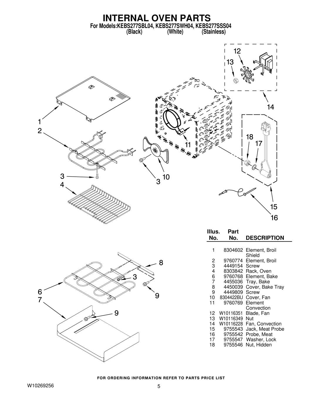 KitchenAid KEBS277SSS04, KEBS277SWH04, KEBS277SBL04 manual Internal Oven Parts 