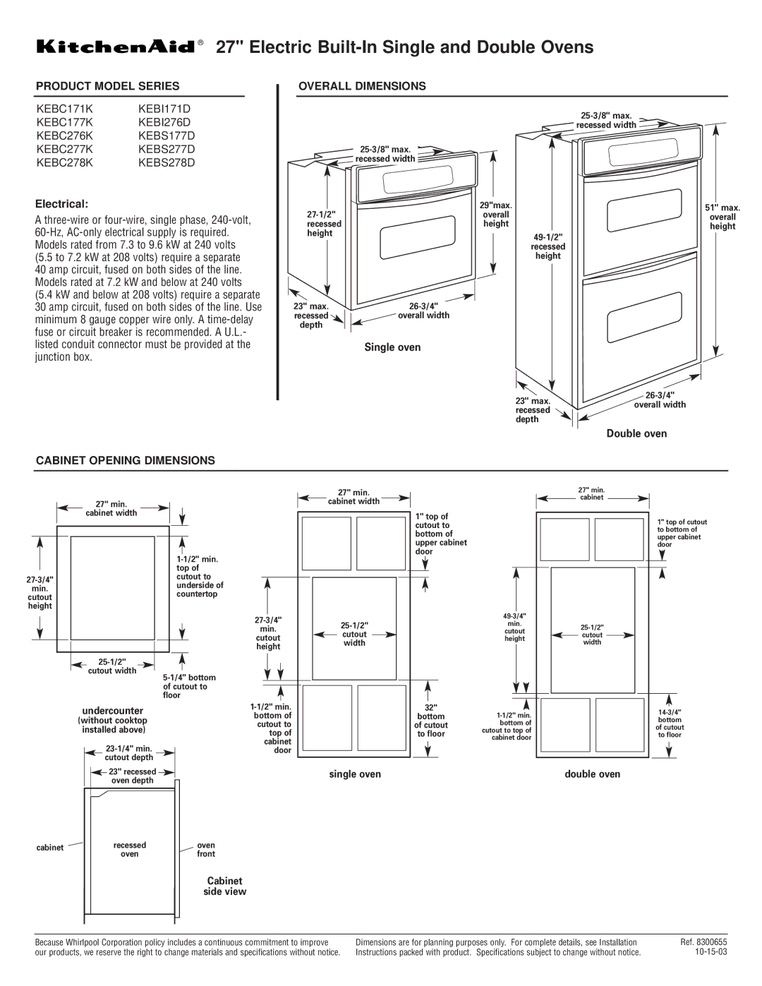 KitchenAid KEBS277D dimensions Electric Built-In Single and Double Ovens, Product Model Series Overall Dimensions 