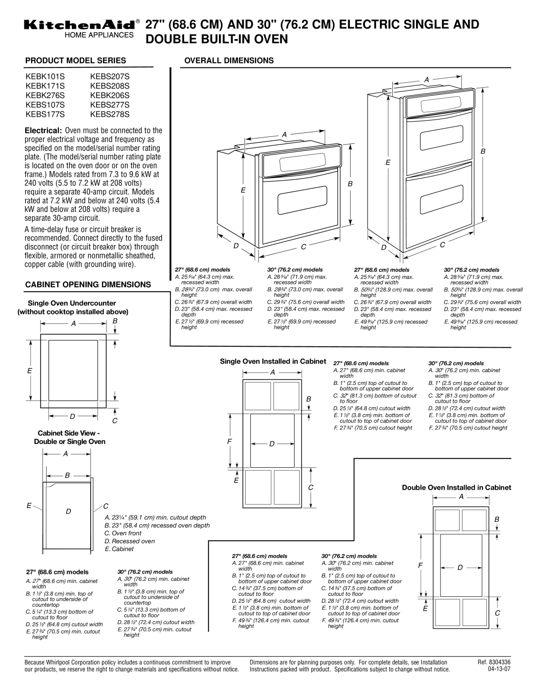 KitchenAid KEBS277S dimensions Double BUILT-IN Oven, Product Model Series, Cabinet Opening Dimensions, Overall Dimensions 