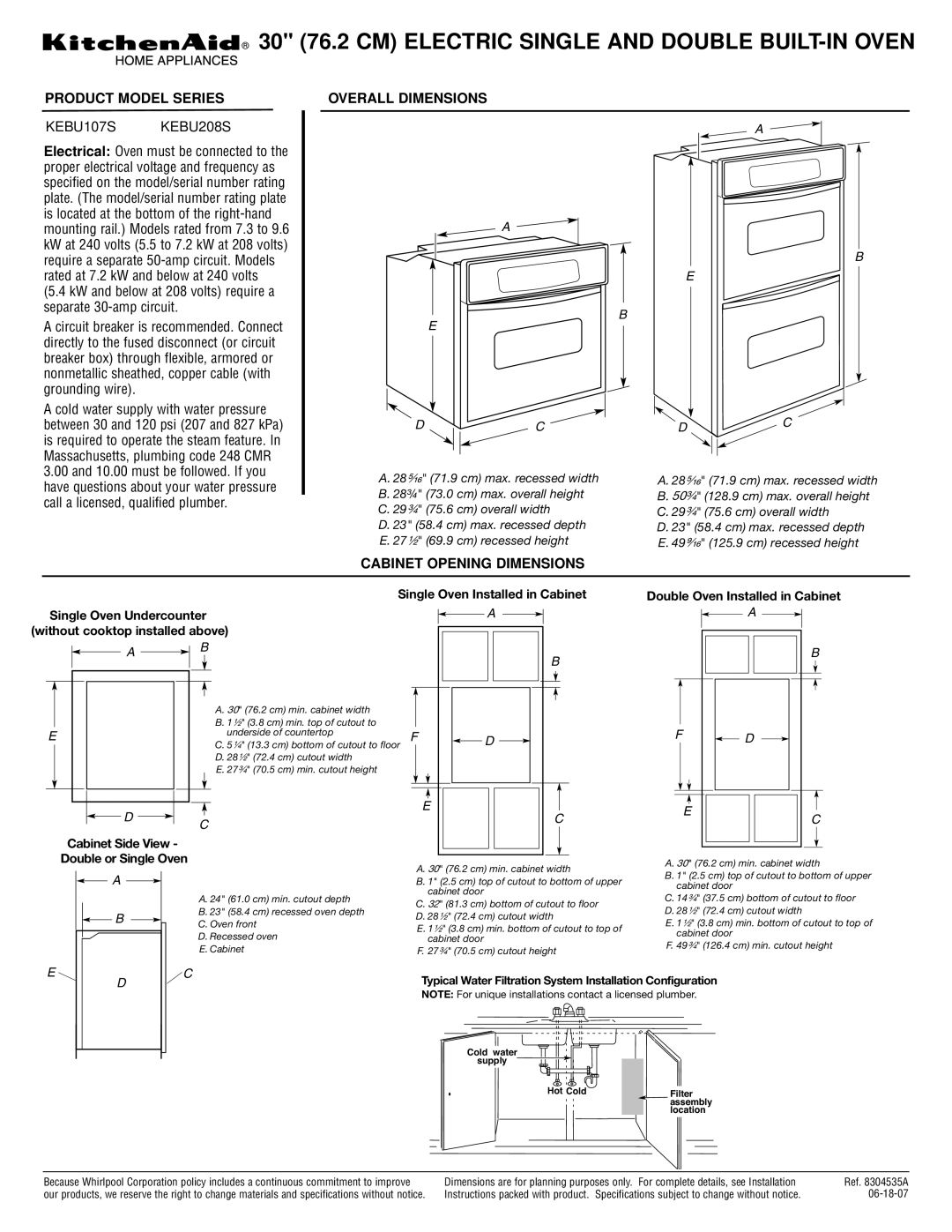 KitchenAid KEBU208S, KEBU107S dimensions Product Model Series, Overall Dimensions, Cabinet Opening Dimensions 