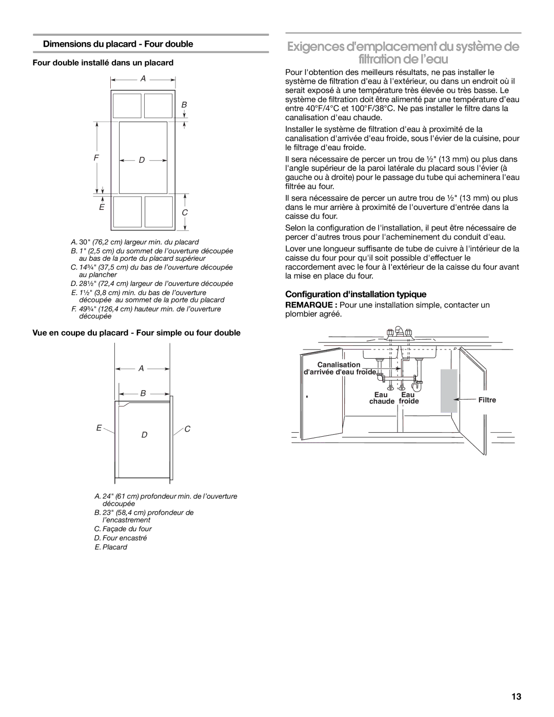 KitchenAid KEBU107SSS Exigences demplacement du système de Filtration de l’eau, Dimensions du placard Four double 