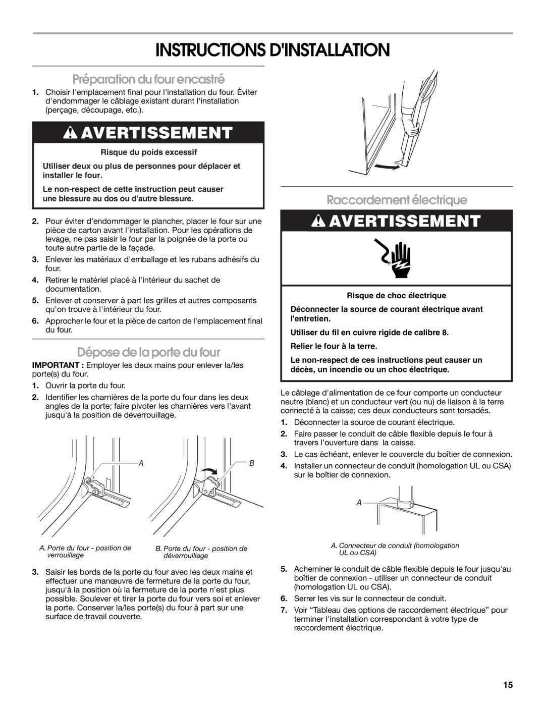 KitchenAid KEBU107SSS Instructions Dinstallation, Préparation du four encastré, Dépose de la porte du four 