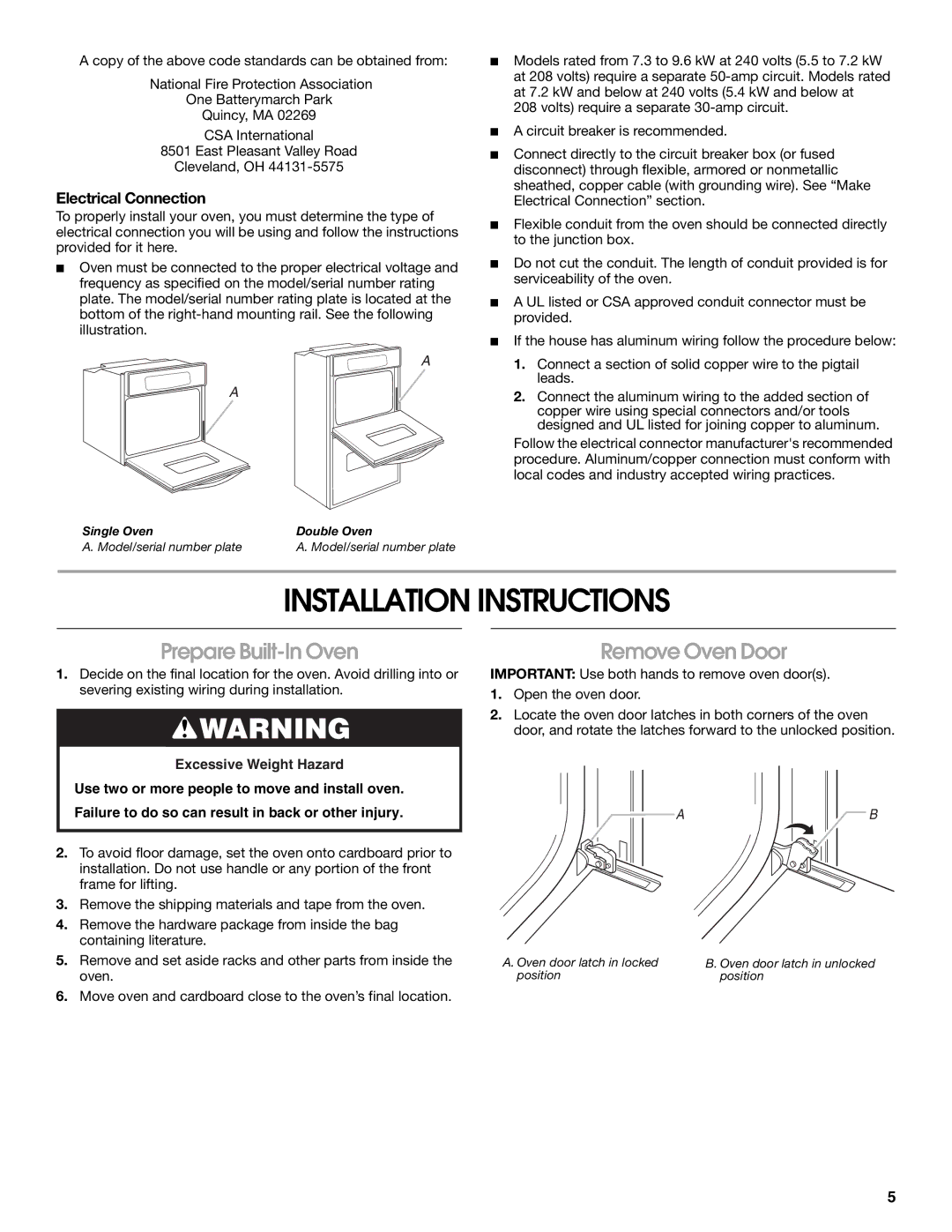 KitchenAid KEBU107SSS Installation Instructions, Prepare Built-In Oven, Remove Oven Door, Electrical Connection 