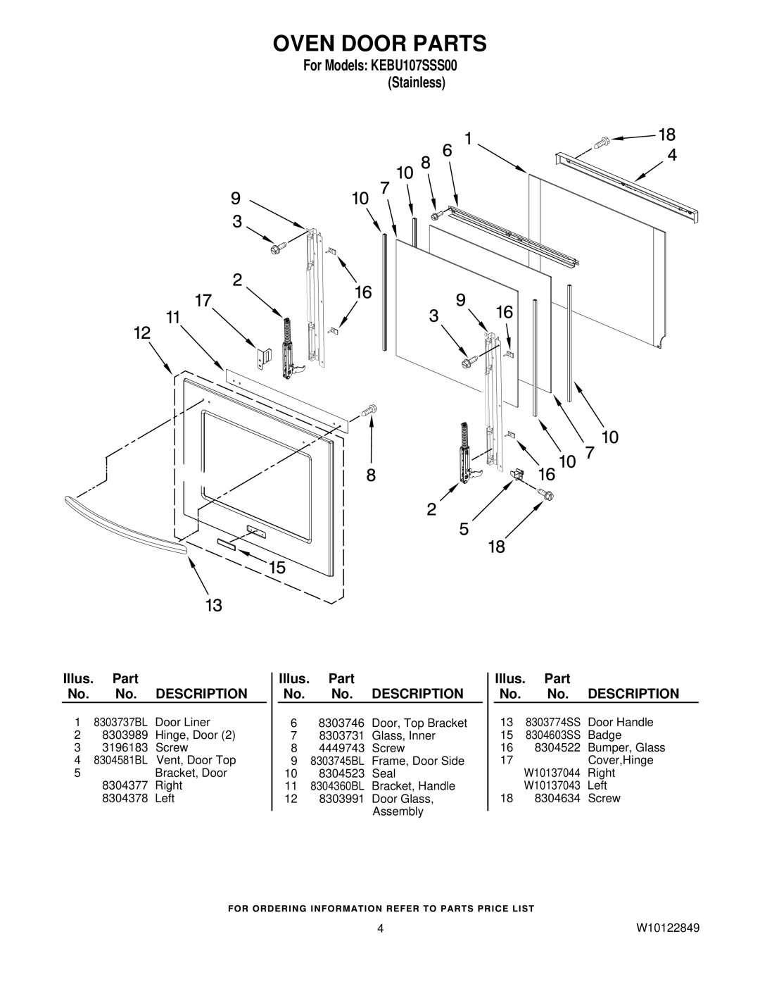 KitchenAid KEBU107SSS00 manual Oven Door Parts 