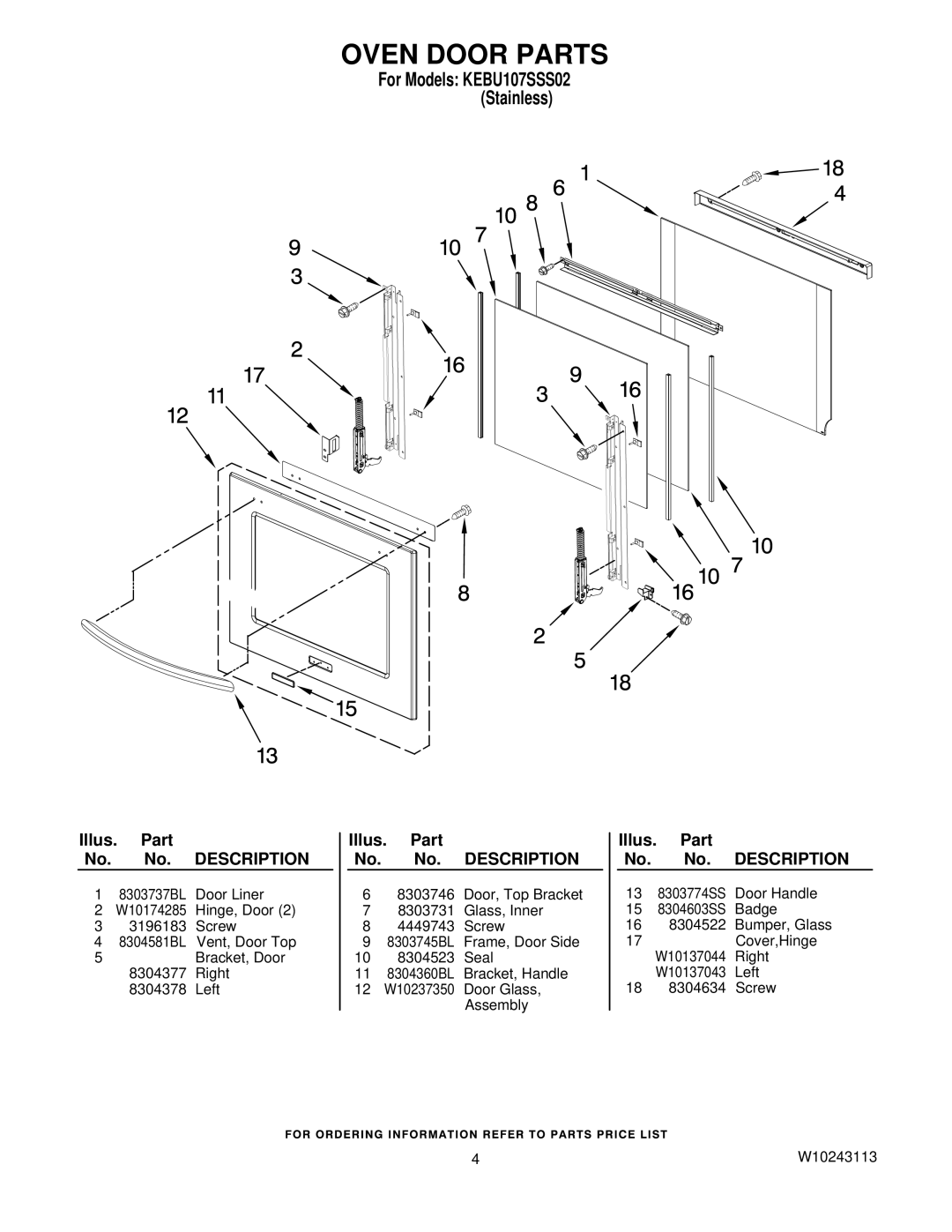 KitchenAid KEBU107SSS02 manual Oven Door Parts 