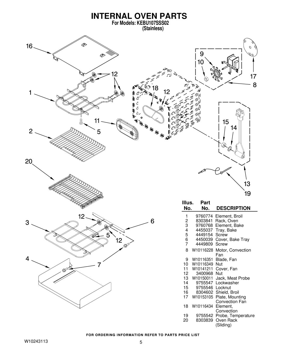 KitchenAid KEBU107SSS02 manual Internal Oven Parts, Illus. Part, Description 