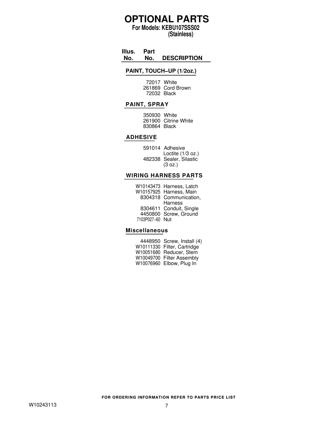 KitchenAid KEBU107SSS02 manual Optional Parts, PAINT, Spray, Adhesive, Wiring Harness Parts 