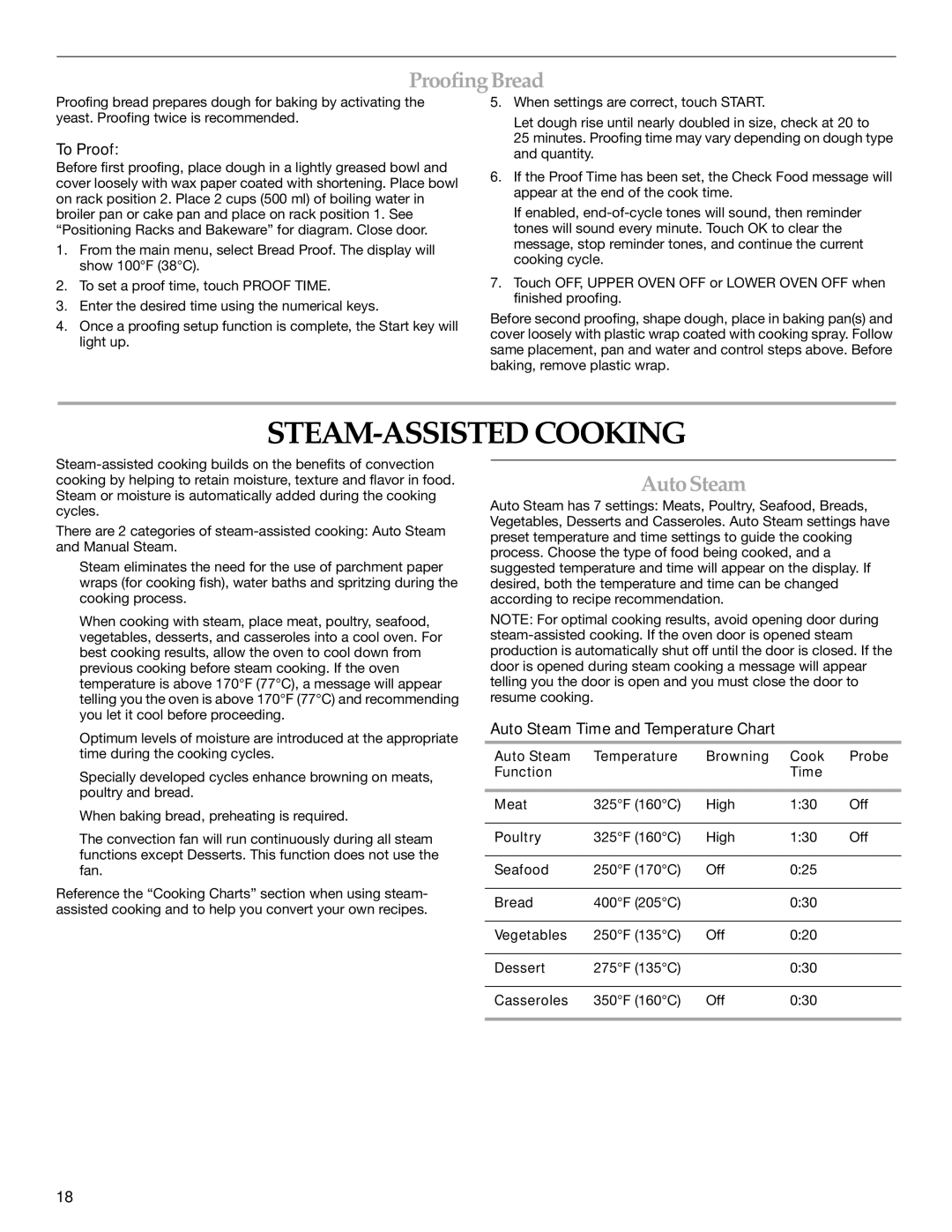KitchenAid KEBU208 manual STEAM-ASSISTED Cooking, ProofingBread, AutoSteam, To Proof, Auto Steam Time and Temperature Chart 
